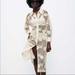 NWT Zara crochet swim cover up button down long sleeve in ivory